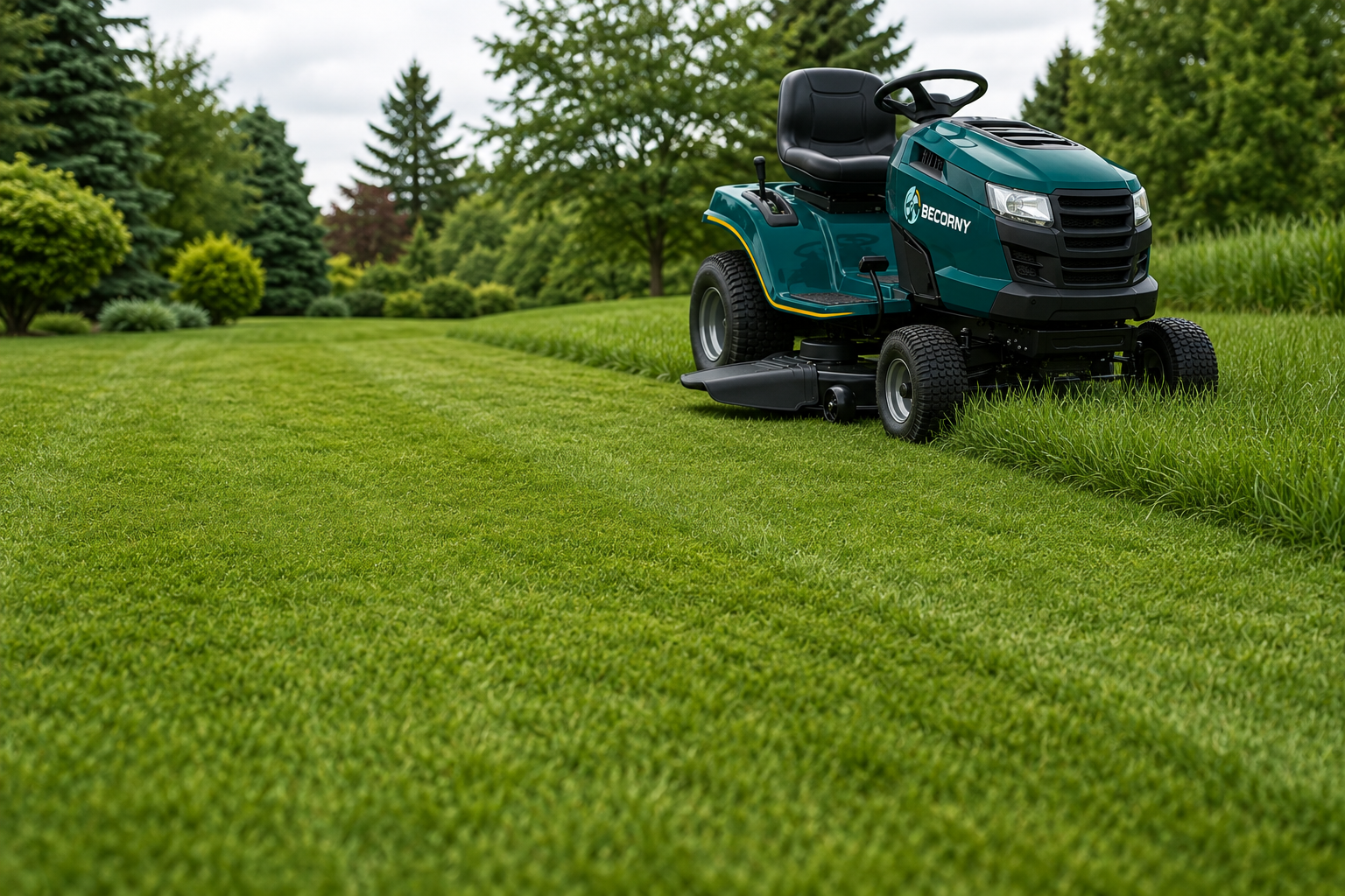 Becorny R42 riding lawn mower on a striped lawn
