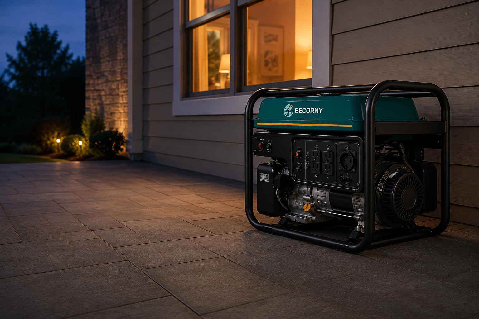 Becorny G3500 portable generator on a lit porch at dusk