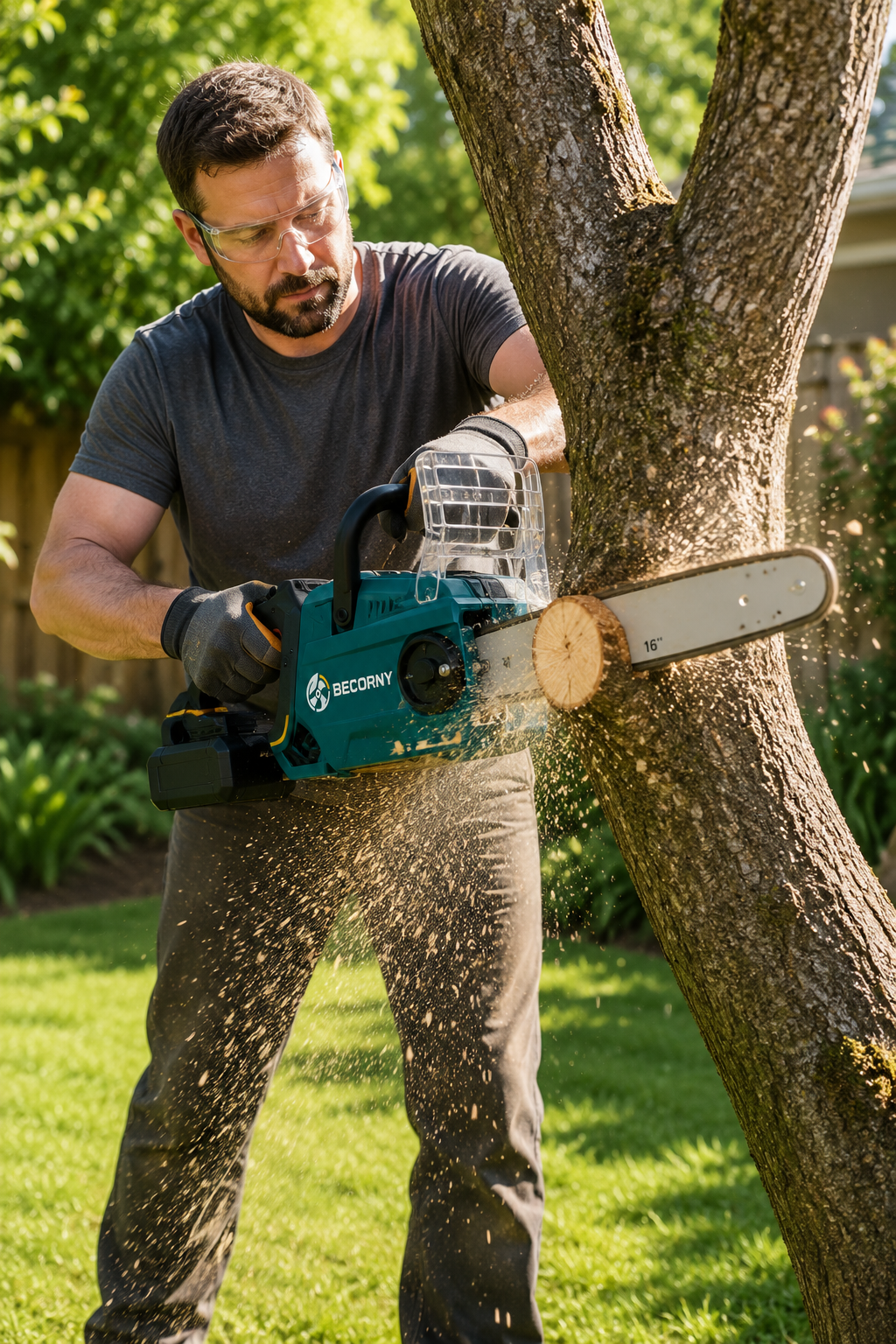 Becorny C16 chainsaw cutting a tree trunk