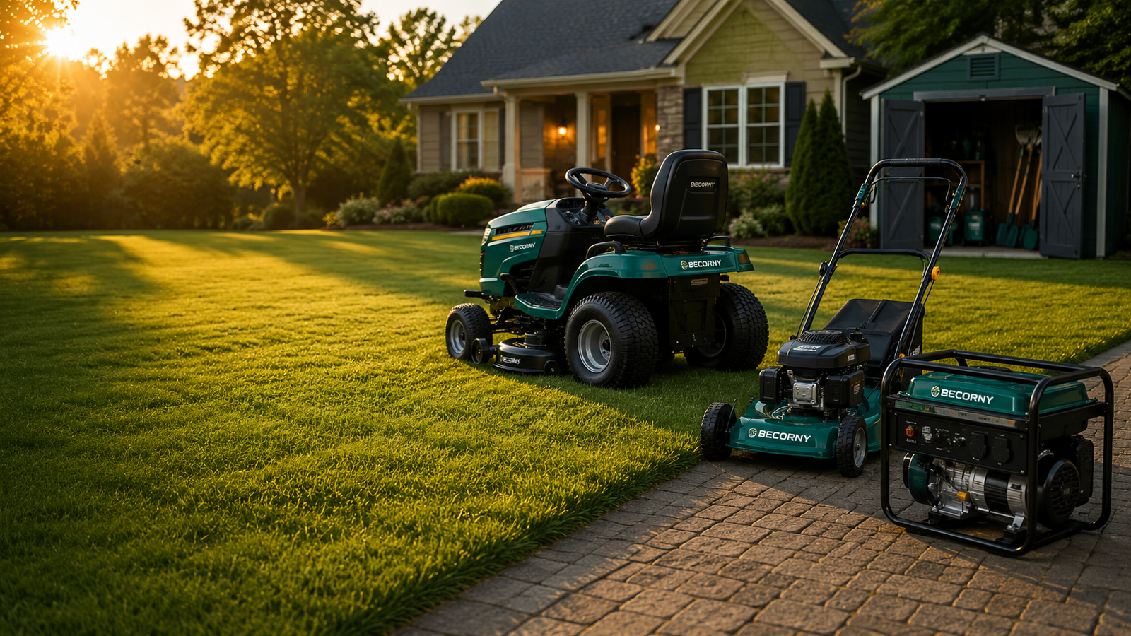 The Becorny range — riding mower, walk-behind mower, generator, chainsaw and storage shed on a lawn at golden hour